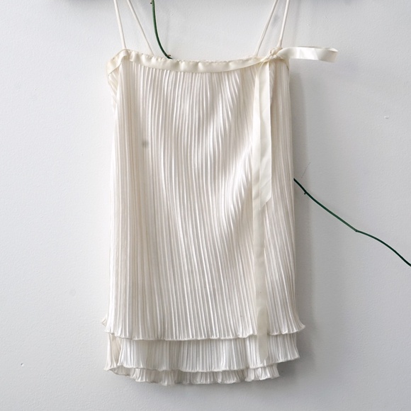 Tops - White Silk Pleated Spaghetti Strap Blouse